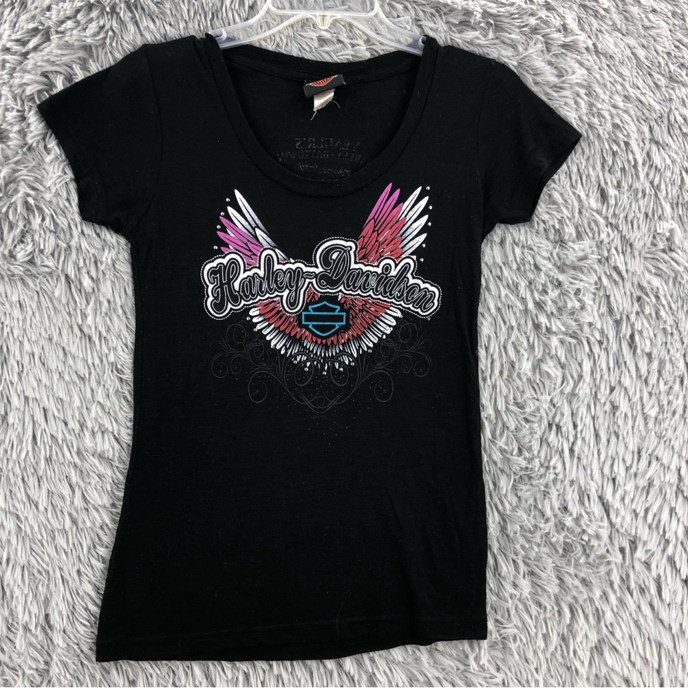 Harley Davidson Tshirt Womens Small Black Burnout Embellished Spellout Shirt